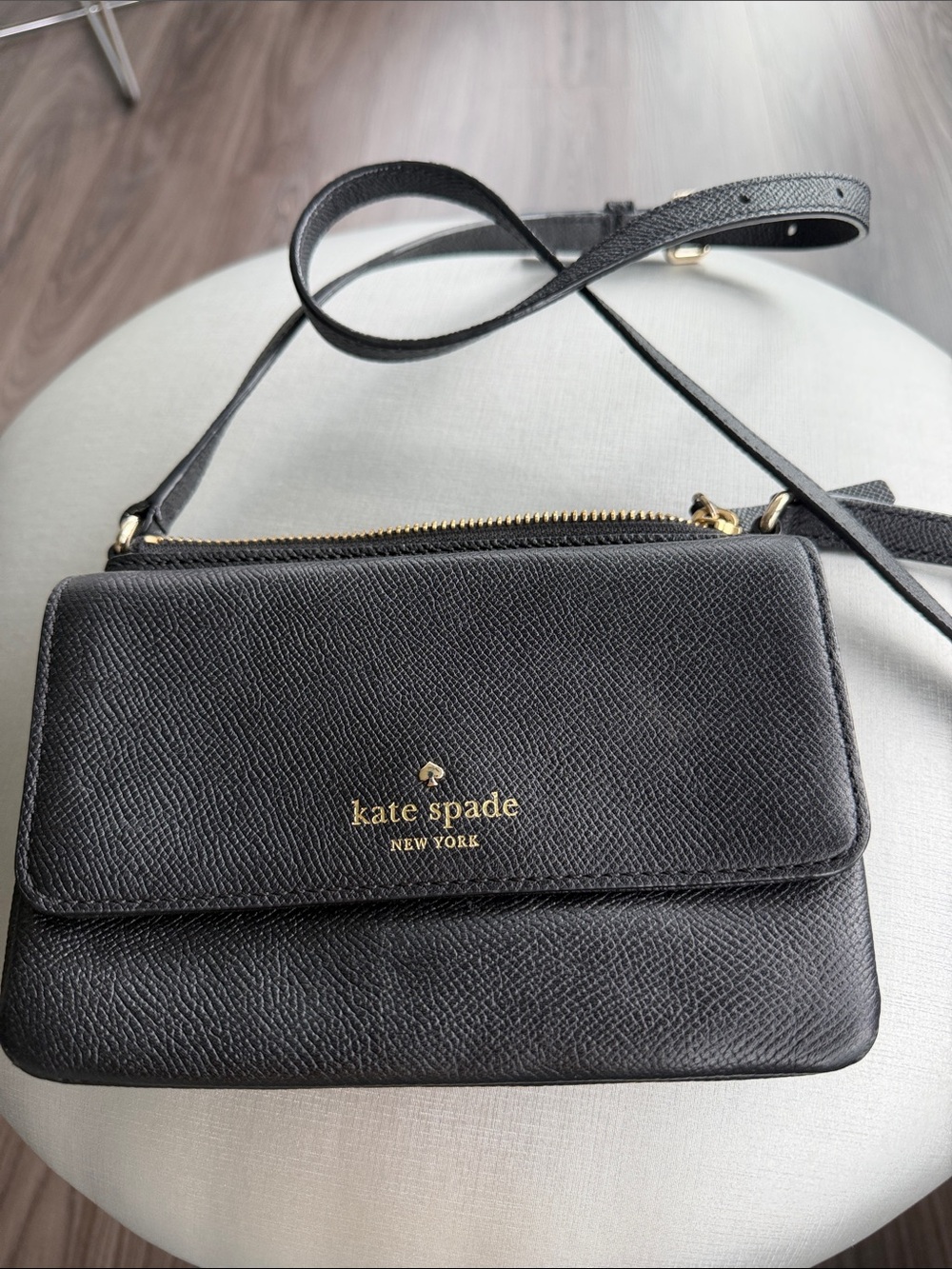 kate spade Black Textured Leather Crossbody Wallet with Gold Hardware